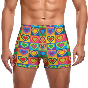 Бански с цветен принтом във формата на сърце, ластични боксерки за плуване в стил Поп-арт със сърца, повдигащ, плажни мъжки бански костюми