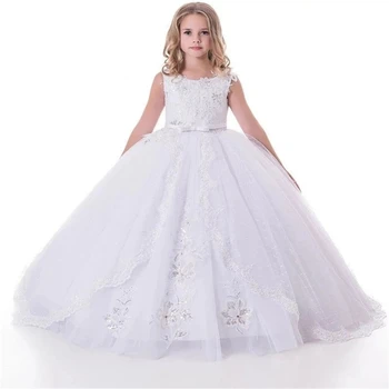 Бели рокли с цветя модел за момичета на сватбата 2020, дантелено празнична рокля за момичета, детски рокли на принцеси за първо причастие
