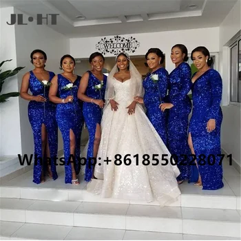 Блестящи рокли на шаферките Royer синьо в африканския стил, дълга риза без ръкав с пайети, разрез отпред, женствена рокля за сватбени партита