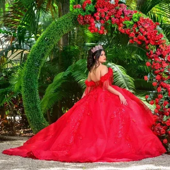 Буйни червени рокли с дантела на цветя аппликацией, мъниста, бална рокля Quinceanera
