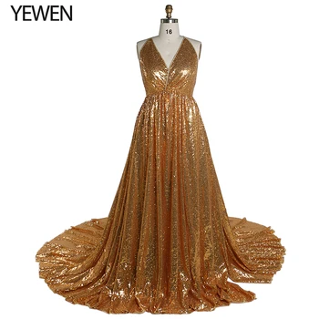 Вечерни рокли със златни пайети и еластичен колан, дълга секси вечерна рокля с отворен гръб за жени YEWEN