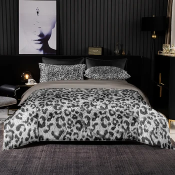Висококачествен комплект спално бельо в латинския стил, чаршаф, луксозен сиво и черен комплект с леопардовым модел 220x240 с калъфка за кралица King Size