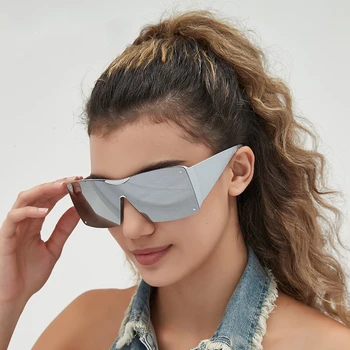 Висококачествени Слънчеви Очила Голям Размер Y2K Без Рамки, Женски Мъжки Сребърни Квадратни Слънчеви Очила One Piece Shield Shades Oculos UV400