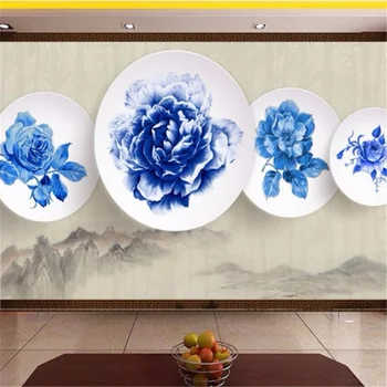 голяма 3D-стенопис wellyu от бяло-син порцелан в китайски стил, на фона на телевизор, тапети за хола, спалня