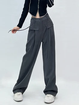 Градинска облекло, дамски Панталони, черни Широки Панталони с висока талия и завязками дантела прозорци, корейски Стил, ежедневна мода 2023, обикновена прави Панталони