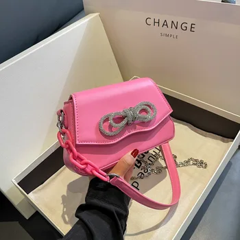 Дамска чанта с однотонным лък 2023, Нова корейска чанта на верига, лесна чанта през рамо, модерен дамски малка квадратна чанта от изкуствена кожа