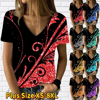 Дамски блестящи два цвята блузи с V-образно деколте и принтом, удобни дишащи ежедневни блузи, поли благородна темперамент, къси XS-8XL