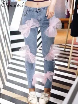Дамски дънки с мрежесто лък в европейски стил, лято 2023, нова мода, дебнещ стрейчевые тесни дамски панталони, темпераментни скъсяване на дънки