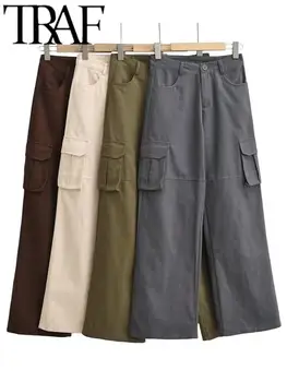Дамски ежедневни панталони-карго ТРАФИКА на 2023, пролетната реколта джобове с висока талия Y2K, шикозни, спортни панталони, дамски панталони с ципове, широки панталони
