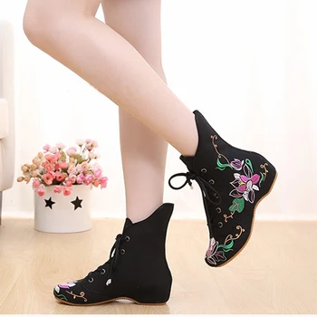 Дамски Къси ботуши на равна подметка, изработени от памук с бродерия в ретро стил, есенен дамски ежедневни обувки с китайска бродерия, удобни обувки