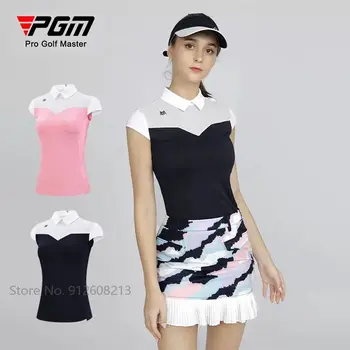 Дамски летни спортни върхове PGM, женска риза за голф с къси ръкави, лоскутная риза поло, женски тънък, дишащ трикотаж, цип отзад