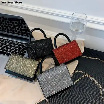 Дамски Лъскава чанта с пайети, вечерни чанти, Чанта през рамо, луксозна чанта с кристали, дамски чанта за партита, Кристали, Верига, чанта през рамо
