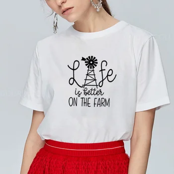 Дамски памучен тениска с къс ръкав и принтом Life Is Better on The Farm, Коледна тениска с кръгло деколте, дамски ежедневни тениска Femme
