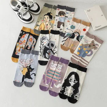 Дамски памучни ретро Абстрактни творчески чорапи с маслена живопис, Растителна мультяшная момиче, Модерен cartoony фигура AB, чорапи harajuku