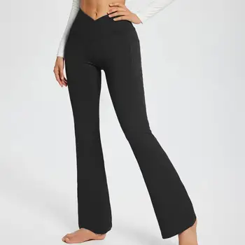 Дамски панталони за йога с отлична еластичност, висока талия, изгорени джобове, спортни панталони с еластичен колан по цялата дължина, дамски дрехи