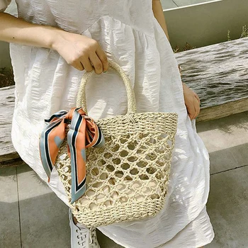 Дамски ретро-куха празнична вятърна чанта-тоут голям капацитет, куха плажна чанта + вътрешен джоб, однотонная чанта за пазаруване