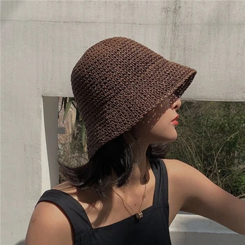 Дамски рибарска шапка-кофа за ръчно изработени дамски модни сламена плажна шапка, всеки ден на летните слънчеви шапки за почивка за жени