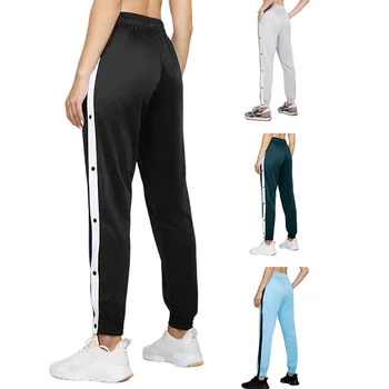 Дамски спортни ежедневни дълги панталони, цветен заключване, копчета, страничен разрез, Панталони с висока талия, за джогинг, фитнес, дамски панталони за джогинг