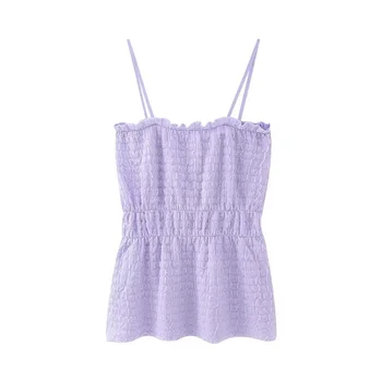 Дамски тънка еластична майк лилав цвят; 2023 Летни дамски обикновена текстурирани тениски за момичета; прекрасно върховете на бретелях