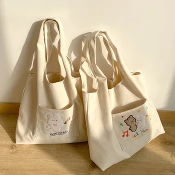 Дамски холщовая чанта-тоут с хубав бродирани Мечка за момичета, холщовые плажни чанти с шарени кавайного заек