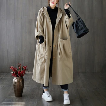 Дамско дълго палто, модни корея, ветровка, голям размер, един женски тренч, есен 2021, жилетка с качулка и без джобове, дамско дълго палто