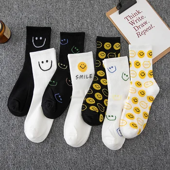 Демисезонные Дамски Чорапи Smile, Сладък японски Памучни чорапи Kawaii, 2023, Улични чорапи в стил Хип-хоп, Черни, Бели, Harajuku, Смешни Чорапи, Дамски