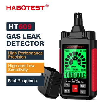 Детектор за течове на газ HT609 Сигнал за зуммере Детектор на запалими газове LCD дисплей Температура Влажност Газоанализатор Електрически Тестер инструмент