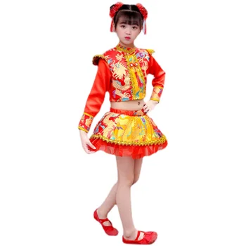 Детски костюм Ханфу Янко, танцово представа с барабана за дъщеря си, рап-китайски червен фестивален костюм с барабана, костюм за изяви