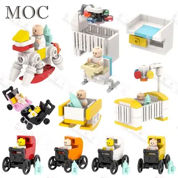 Детски Строителни блокчета MOC серия, Мебели за дома, Детска количка, креватче, дървено конче, столче за хранене, Модел тухли, играчки за изграждане на собствените си ръце за деца