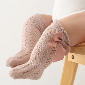 Детски Чорапи до Коляното от Мека памучна мрежа в Испански стил, Отворени Дантелени Чорапи, Летни Чорапи За Малки Момичета, Дълги Чорапи с Лък за Деца 0-12 месеца
