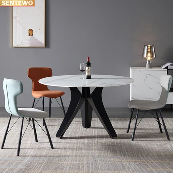 Дизайнерска луксозна кръгла кухня от Мраморни плочи, маса за хранене с 4 и 6 стола de mesa jantar comedor табло marbre Основа от въглеродна стомана