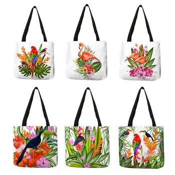 Директна доставка, торби за многократна употреба за пазаруване с принтом цветя и птици, фламинго, чанти индивидуално-тоут за жени, дамски модни чанти