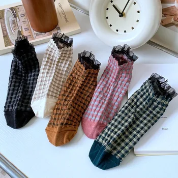 Дишащи памучни дамски чорапи до глезена, дантелени сладки къси летни чорапи Kawaii, японски момиче сладки чорапи в клетка в ретро стил, високо качество