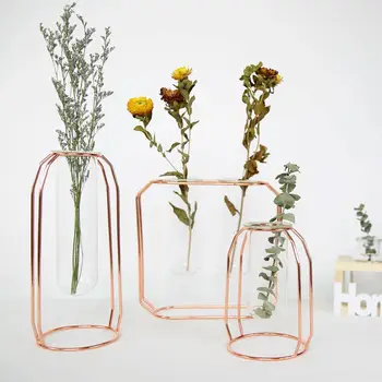 Достъпен лукс, 1 комплект, Стъклен желязна художествена ваза в скандинавски стил, саксия от розово злато геометрична форма, аксесоари за дома сватбена украса