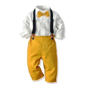 Дрехи за малките момчета Бяла риза + жълти панталони, детски костюм от 1 до 6 години, есенен костюм за момчета, комплект дрехи за деца с жълто лък