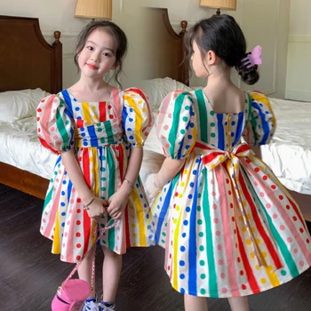 Дъга рокля на точки за момичета, лятото стилно детско принцеса рокля с везикулозната ръкави, детско рокля от 2 до 7 години, Ropa De Niña
