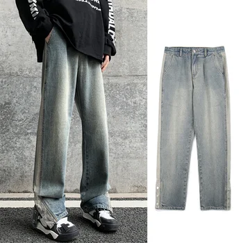 Дънки с разрезными ръкав, мъжки прави дънки, Новият американски стил, носталгични застиранные панталони с копчета Y2K, Проблемни покупка