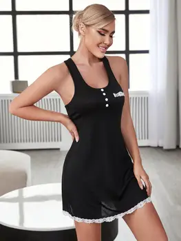 Европейската и американската пола за сън, летни тиранти, плътен цвят TR71-Черна цели пижама с бродерия, която може да се носи на жените
