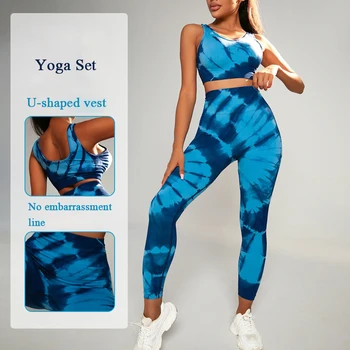 Европейски и американски моден костюм за йога нов стил на Женски дишаща секси спортна жилетка с висока талия, стягащ бедрата, панталони за фитнес