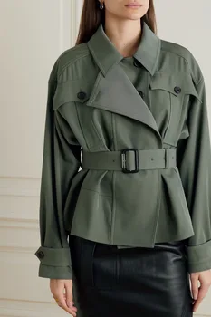 Европейски Стил 2023, пролетта на случайни армейски зелен тренч с отложным яка и дълъг ръкав, модерно дамско яке с колан