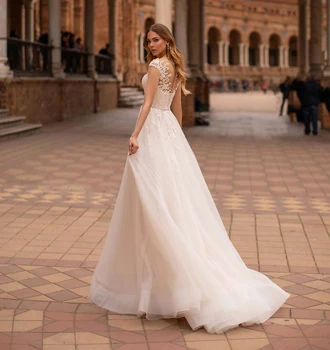Елегантна сватбена рокля от тюл с дантела аппликацией в стил бохо, женски сватбена рокля, трапецовидна форма, без ръкави, с кръгло деколте, шаферски рокли 2023, сватбената рокля впечатлява със своя бохемски стил
