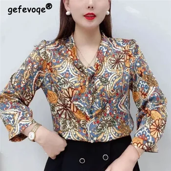 Елегантна шифоновая риза с лък и принтом за жени 2023, пролет-есен, корейската мода, свободна блуза с буйни дълги ръкави, най-Blusas