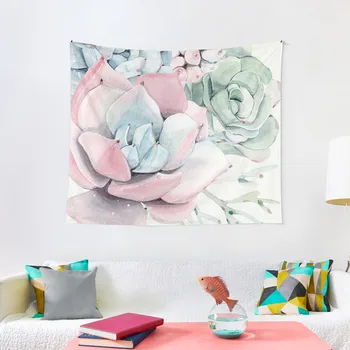 Елегантни сукуленти розово, синьо и зелено на цветя, гоблени с илюстрации сукуленти пустинята, стенен декор