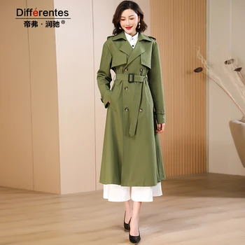 Есенен тренч за офис дама, двубортные якета корейски армейского зелен цвят, дълга козина за жени, връхни дрехи с регулируема талия