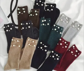 Есенно-зимни нови дамски чорапи с високо качество, оригинален дизайн с ръчно изработени, двухрядные вълнени чорапи памук с перлата на мъниста за жени