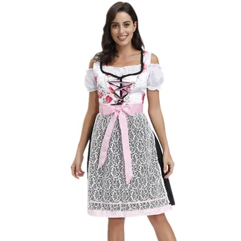 Жена винтажное баварска рокля Dirndl с цветен модел и яка-часова, немски костюм за Октоберфест, cosplay, карнавал, Парти за Хелоуин
