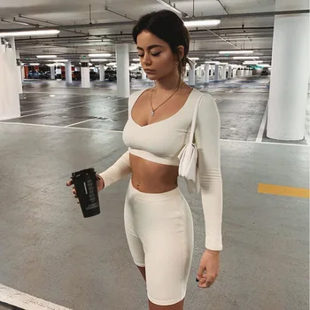 Жена комплект с дълъг ръкав, модни и ежедневни облекла от две части, на база съкратен топ и байкерские къси панталони, комплекти 2021, боксовия халат