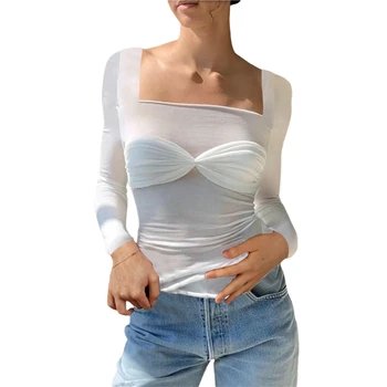 Женска тениска Xingqing y2k, пролет-лято, прозрачен квадратен яка, блузи с дълги ръкави и лък, бяла окото облекло, градинска облекло