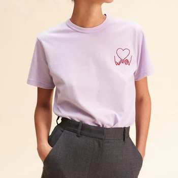 Женска тениска с бродерия под формата на любовен писма, Aich Mirror, летен свободен жена пуловер с кръгло деколте, класически случайни ретро жена топ 2022