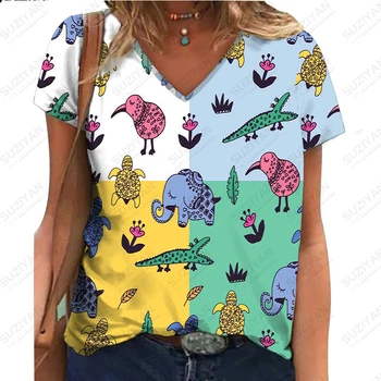 Женска тениска с къс ръкав и животните принтом, Елегантен и Темпераментна Жена Топ, Всекидневни Свободен летен Хит на продажбите с V-образно деколте, дамска тениска